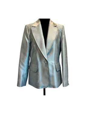 Melanie Lyne metallic silver gray single breasted tailored cinched blazer jacket